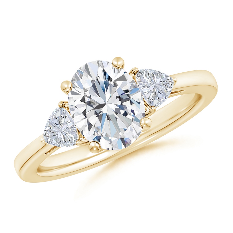 9x7mm FGVS Lab-Grown Oval and Trillion Diamond Three Stone Reverse Tapered Shank Engagement Ring in Yellow Gold 