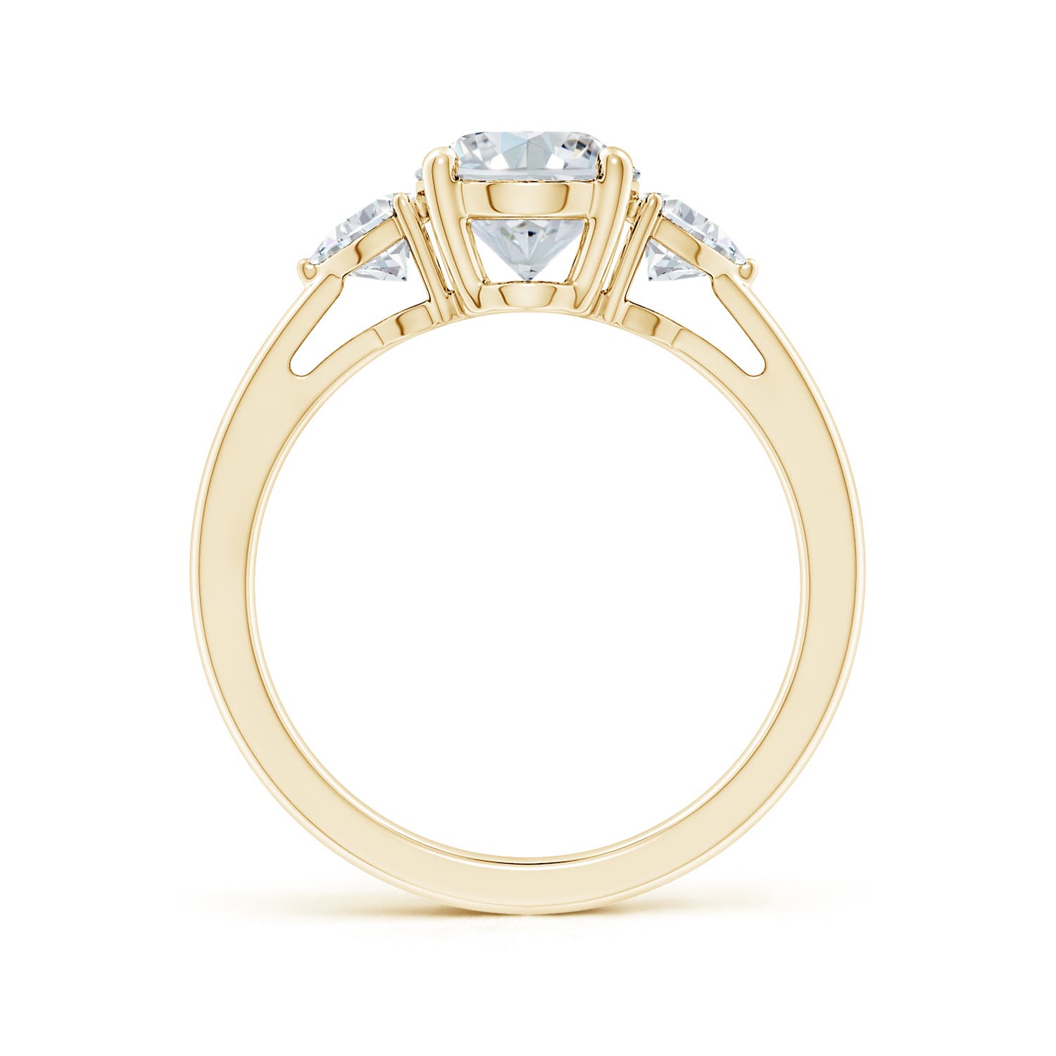 9x7mm FGVS Lab-Grown Oval and Trillion Diamond Three Stone Reverse Tapered Shank Engagement Ring in Yellow Gold