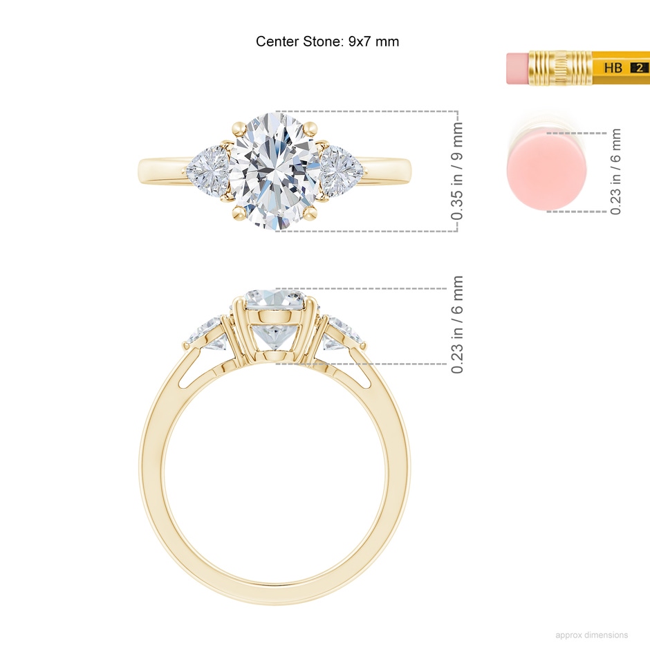 9x7mm FGVS Lab-Grown Oval and Trillion Diamond Three Stone Reverse Tapered Shank Engagement Ring in Yellow Gold ruler