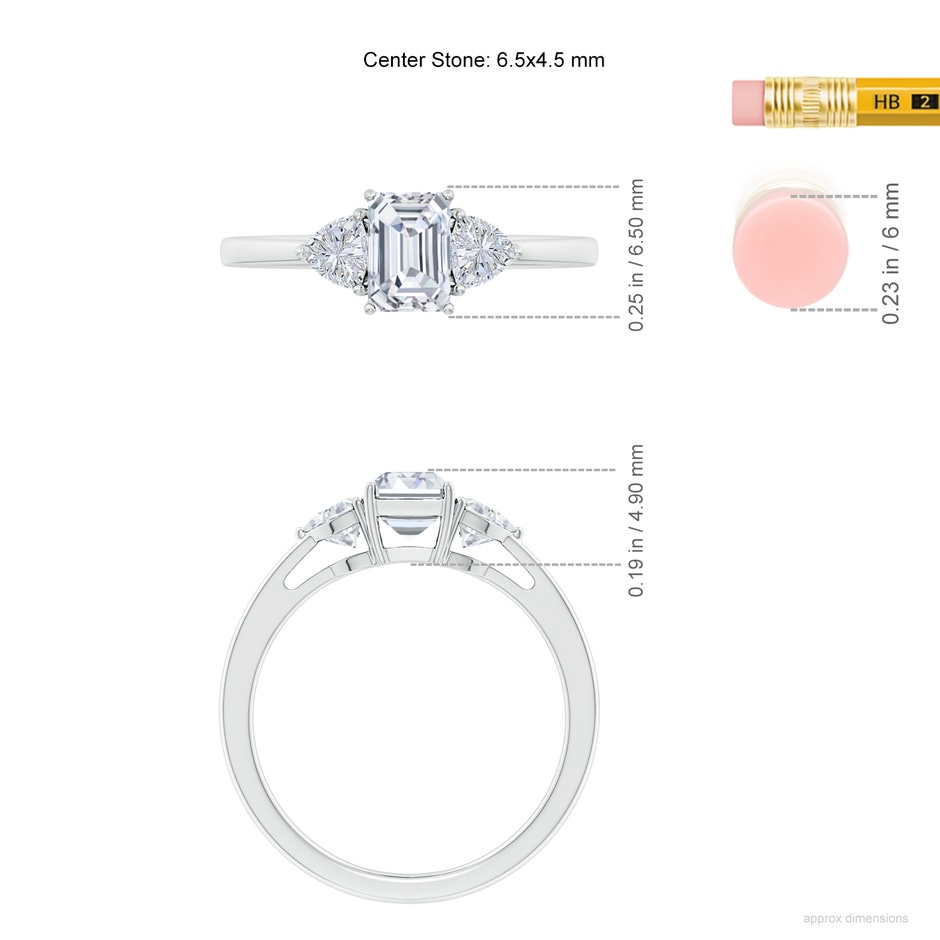 6.5x4.5mm FGVS Lab-Grown Emerald-Cut and Trillion Diamond Three Stone Reverse Tapered Shank Engagement Ring in White Gold ruler