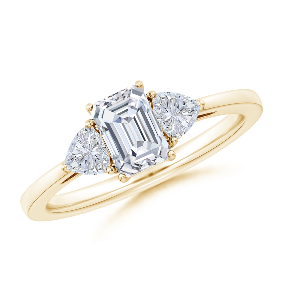 6.5x4.5mm FGVS Lab-Grown Emerald-Cut and Trillion Diamond Three Stone Reverse Tapered Shank Engagement Ring in Yellow Gold 