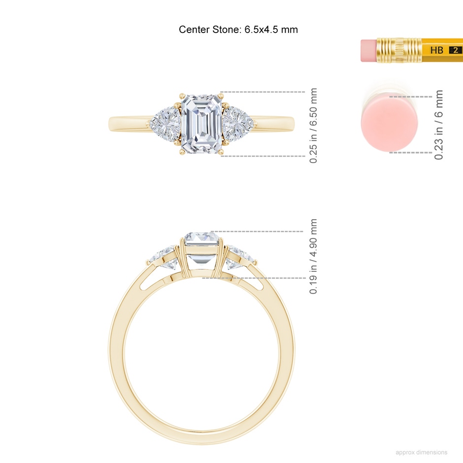 6.5x4.5mm FGVS Lab-Grown Emerald-Cut and Trillion Diamond Three Stone Reverse Tapered Shank Engagement Ring in Yellow Gold ruler