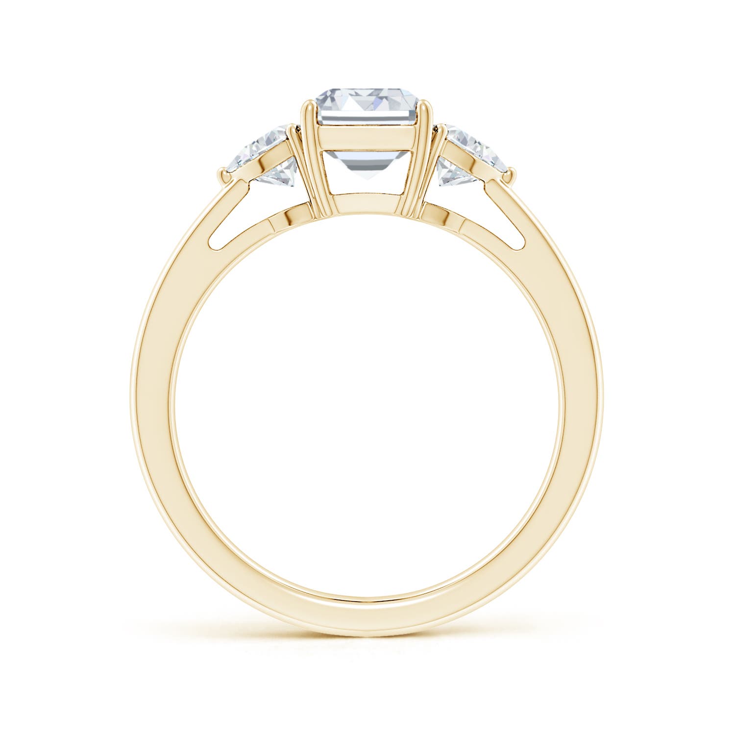 7.5x5.5mm FGVS Lab-Grown Emerald-Cut and Trillion Diamond Three Stone Reverse Tapered Shank Engagement Ring in 18K Yellow Gold