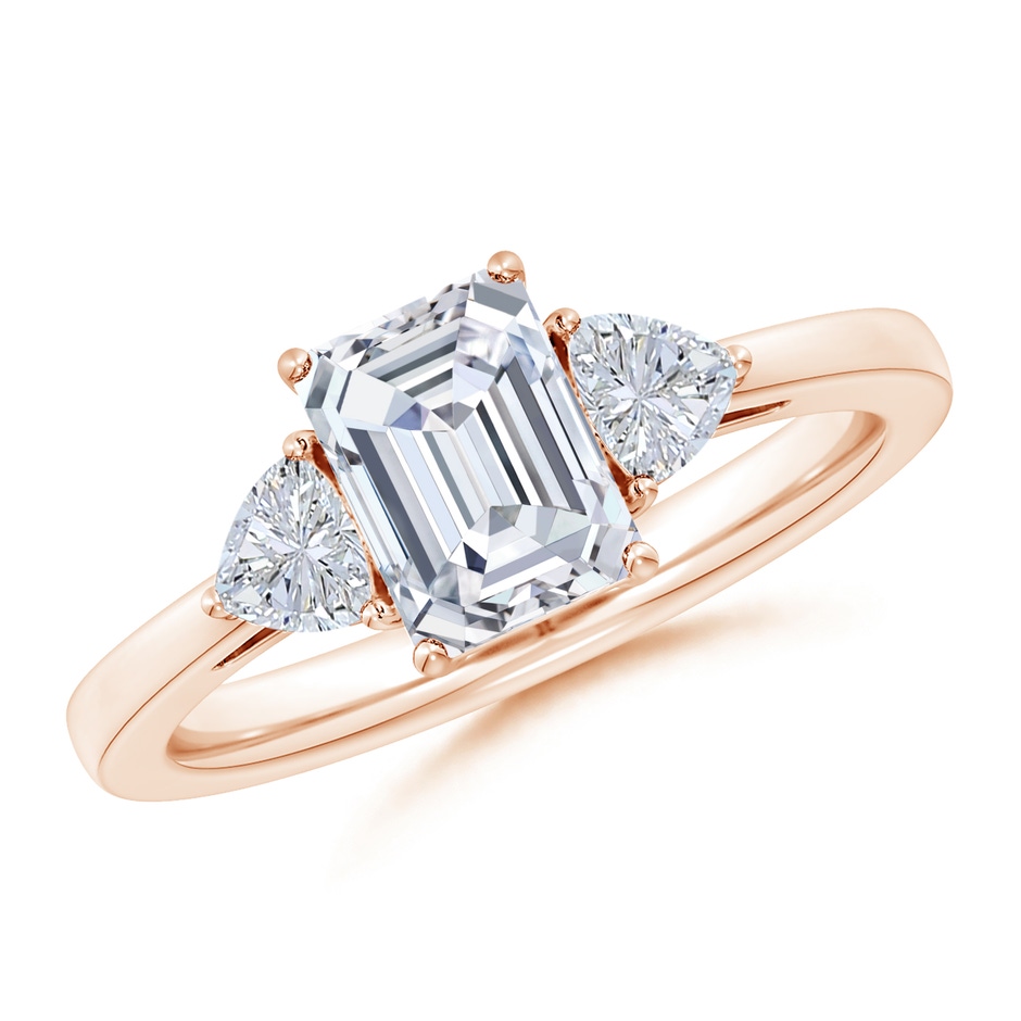 7.5x5.5mm FGVS Lab-Grown Emerald-Cut and Trillion Diamond Three Stone Reverse Tapered Shank Engagement Ring in Rose Gold 