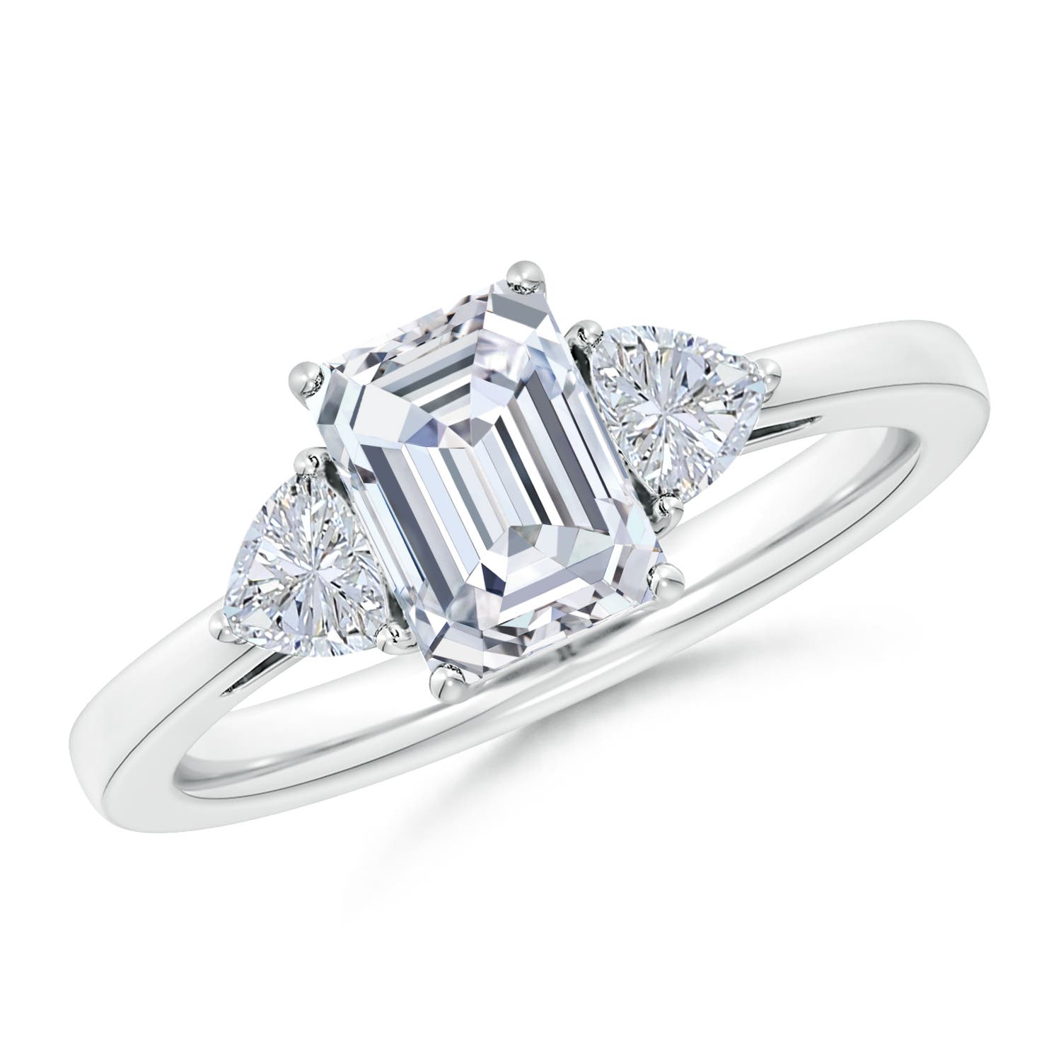 7.5x5.5mm FGVS Lab-Grown Emerald-Cut and Trillion Diamond Three Stone Reverse Tapered Shank Engagement Ring in White Gold