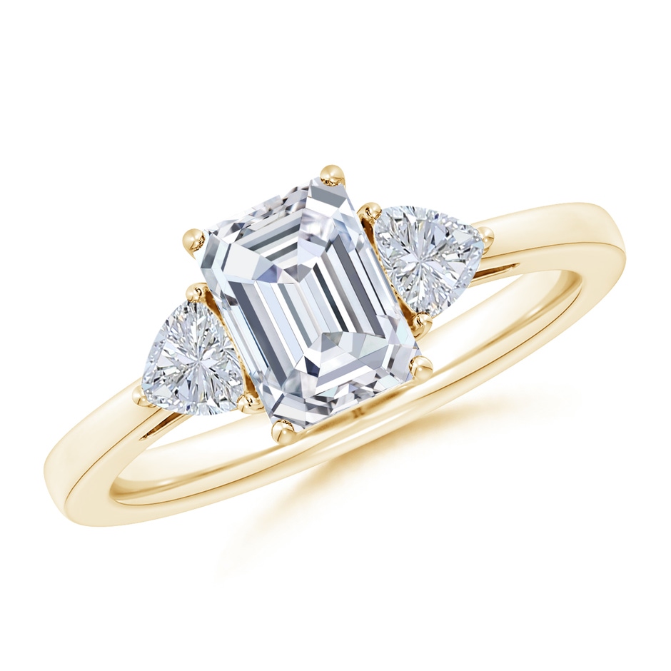 7.5x5.5mm FGVS Lab-Grown Emerald-Cut and Trillion Diamond Three Stone Reverse Tapered Shank Engagement Ring in Yellow Gold 