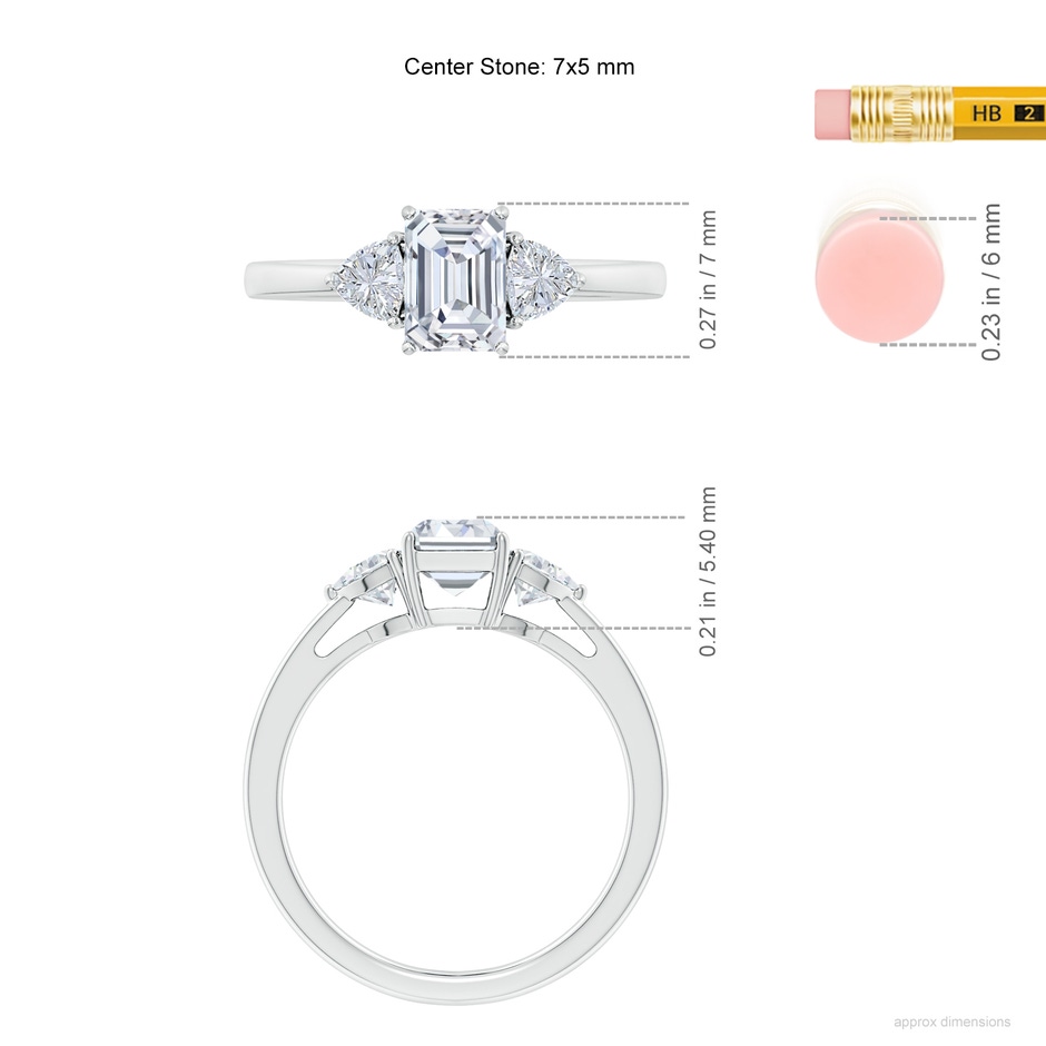 7x5mm FGVS Lab-Grown Emerald-Cut and Trillion Diamond Three Stone Reverse Tapered Shank Engagement Ring in 18K White Gold ruler