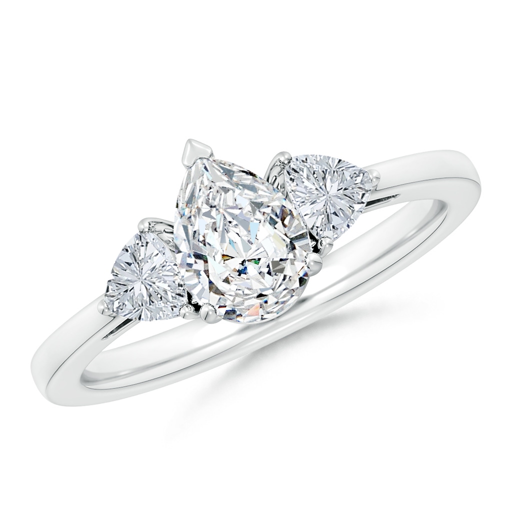 7.7x5.7mm FGVS Lab-Grown Pear and Trillion Diamond Three Stone Reverse Tapered Shank Engagement Ring in 18K White Gold