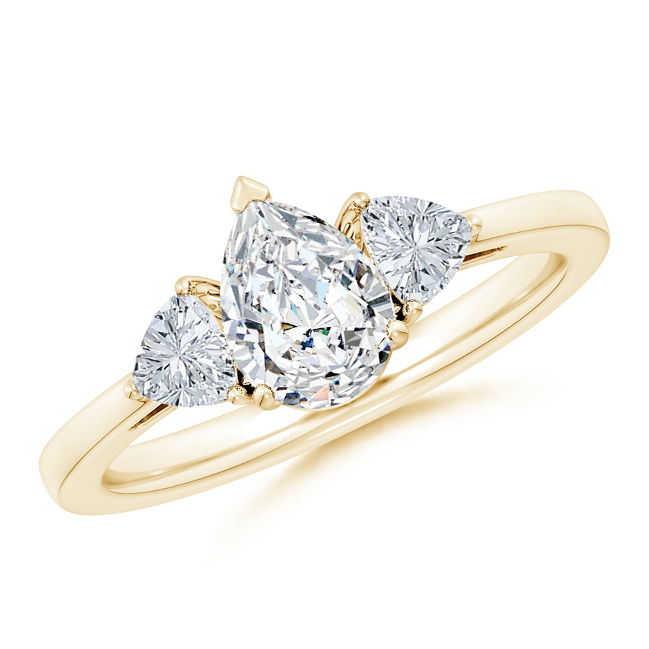 7.7x5.7mm FGVS Lab-Grown Pear and Trillion Diamond Three Stone Reverse Tapered Shank Engagement Ring in Yellow Gold 