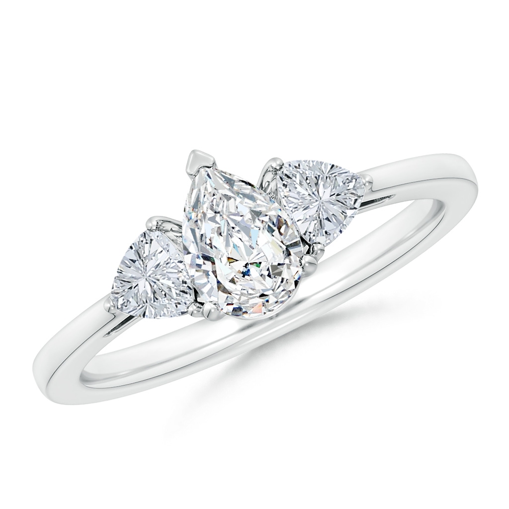 7x5mm FGVS Lab-Grown Pear and Trillion Diamond Three Stone Reverse Tapered Shank Engagement Ring in White Gold