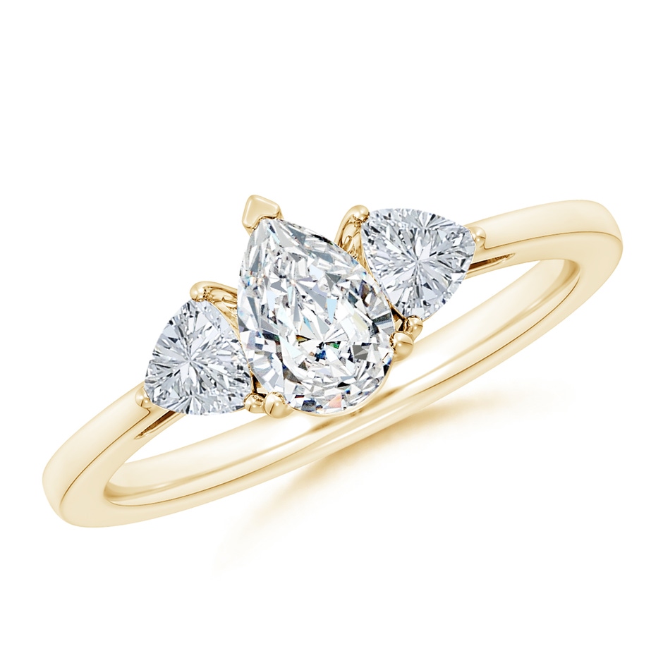 7x5mm FGVS Lab-Grown Pear and Trillion Diamond Three Stone Reverse Tapered Shank Engagement Ring in Yellow Gold 