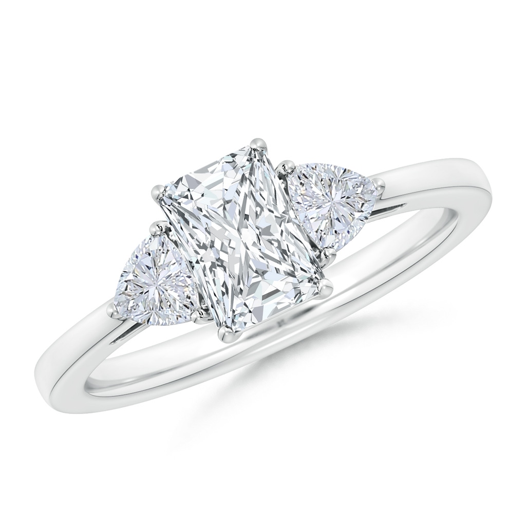 7x5mm FGVS Lab-Grown Radiant-Cut and Trillion Diamond Three Stone Reverse Tapered Shank Engagement Ring in 18K White Gold