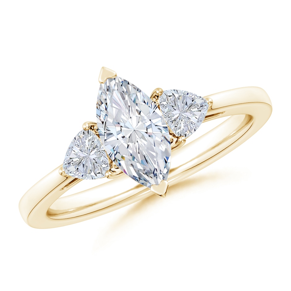 10x5mm FGVS Lab-Grown Marquise and Trillion Diamond Three Stone Reverse Tapered Shank Engagement Ring in Yellow Gold 