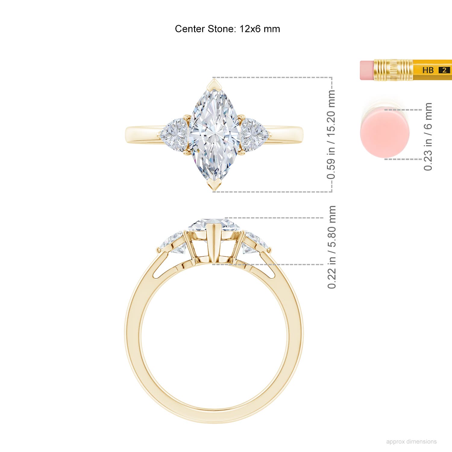 12x6mm FGVS Lab-Grown Marquise and Trillion Diamond Three Stone Reverse Tapered Shank Engagement Ring in Yellow Gold - ruler