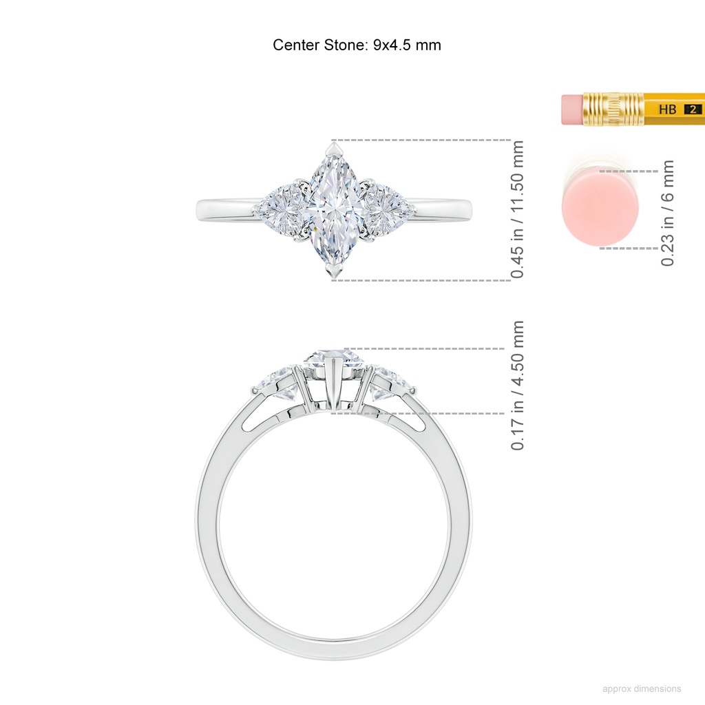 9x4.5mm FGVS Lab-Grown Marquise and Trillion Diamond Three Stone Reverse Tapered Shank Engagement Ring in White Gold ruler
