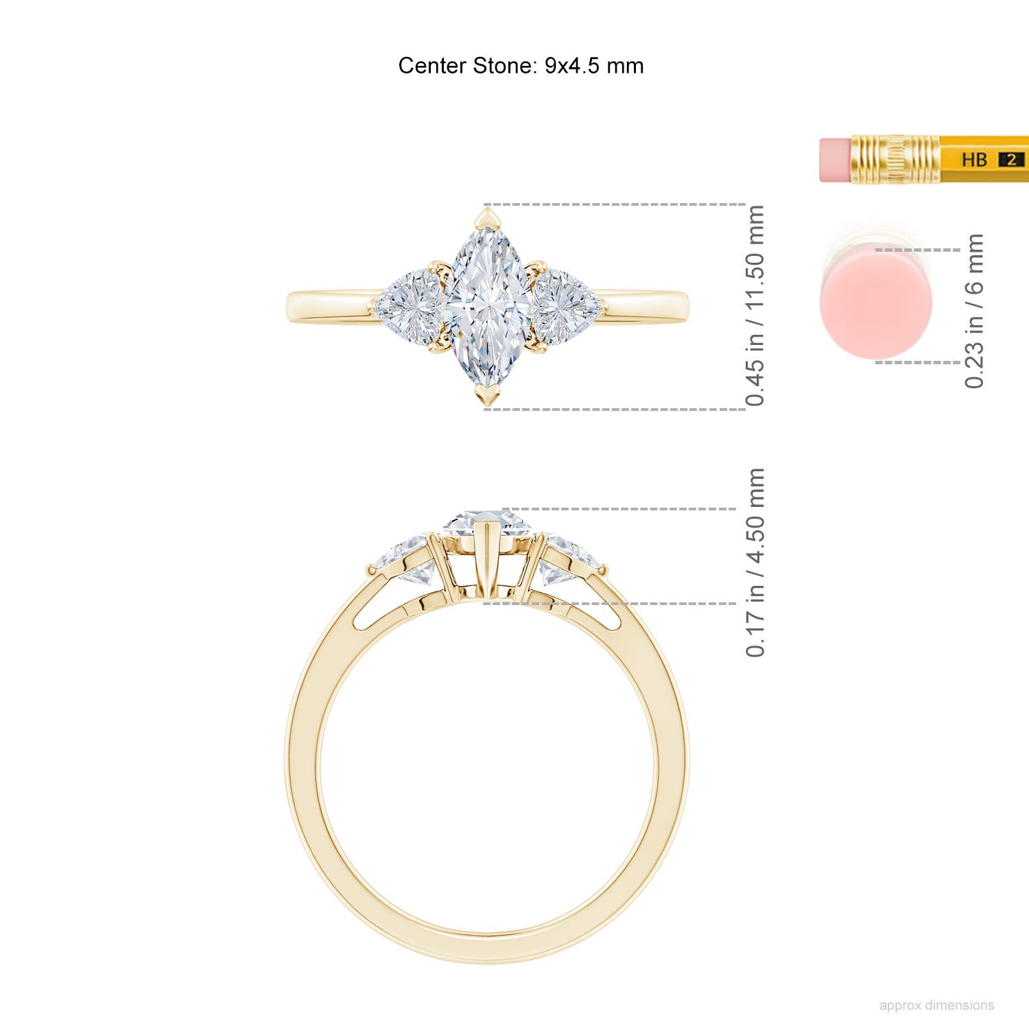 9x4.5mm FGVS Lab-Grown Marquise and Trillion Diamond Three Stone Reverse Tapered Shank Engagement Ring in Yellow Gold - ruler