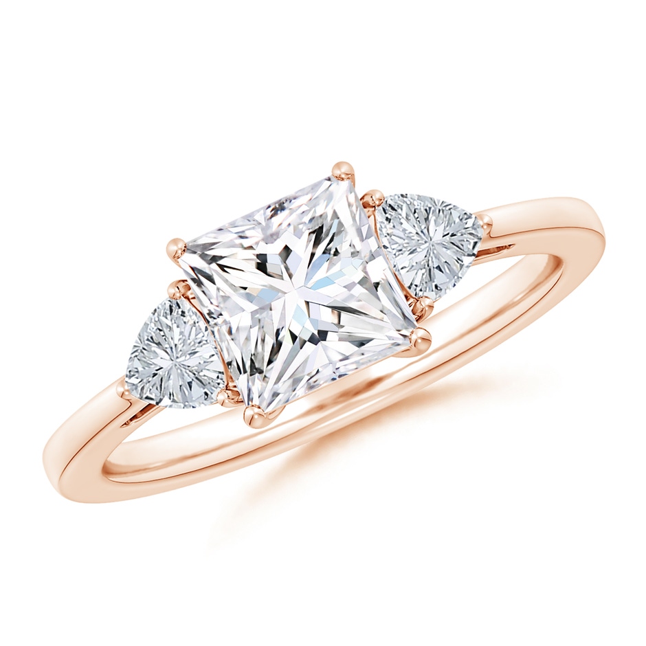 6.5mm FGVS Lab-Grown Princess-Cut and Trillion Diamond Three Stone Reverse Tapered Shank Engagement Ring in Rose Gold 