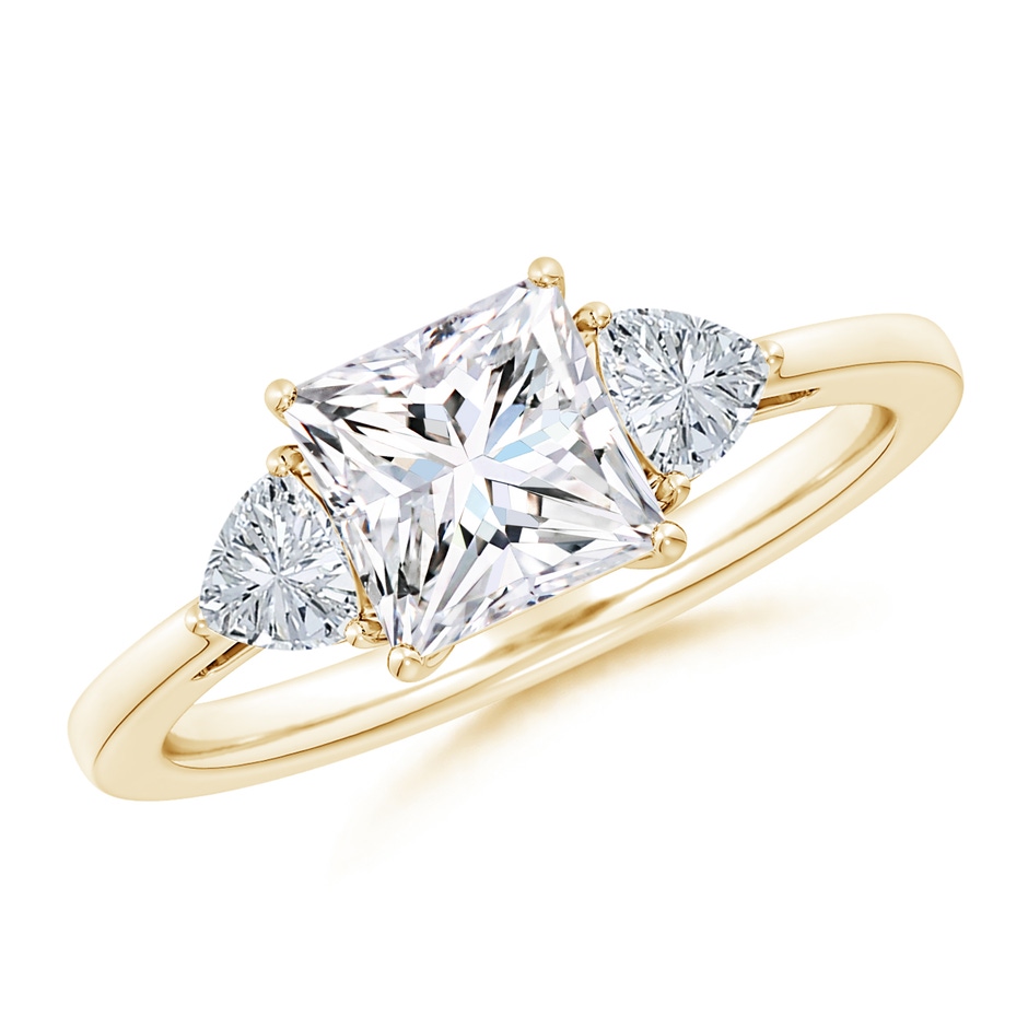 6.5mm FGVS Lab-Grown Princess-Cut and Trillion Diamond Three Stone Reverse Tapered Shank Engagement Ring in Yellow Gold 