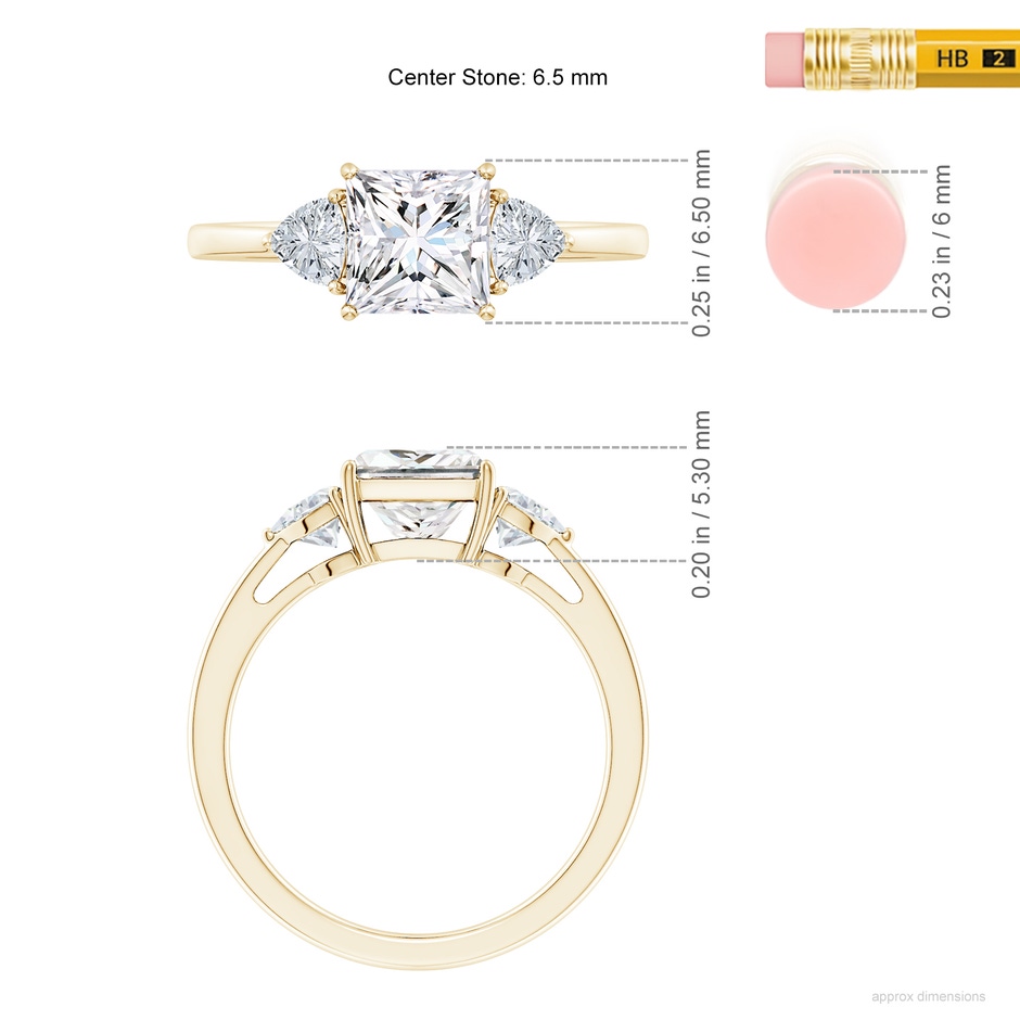 6.5mm FGVS Lab-Grown Princess-Cut and Trillion Diamond Three Stone Reverse Tapered Shank Engagement Ring in Yellow Gold ruler
