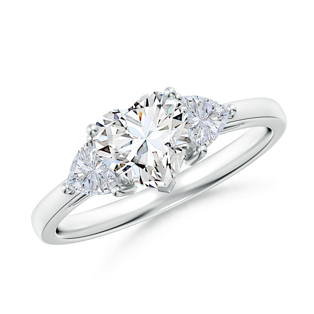 6.5mm FGVS Lab-Grown Heart-Shaped and Trillion Diamond Three Stone Reverse Tapered Shank Engagement Ring in White Gold