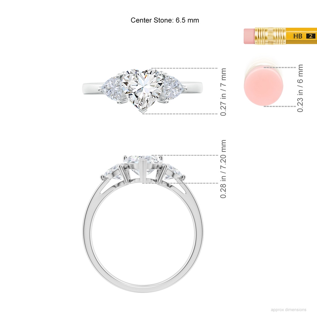6.5mm FGVS Lab-Grown Heart-Shaped and Trillion Diamond Three Stone Reverse Tapered Shank Engagement Ring in White Gold ruler