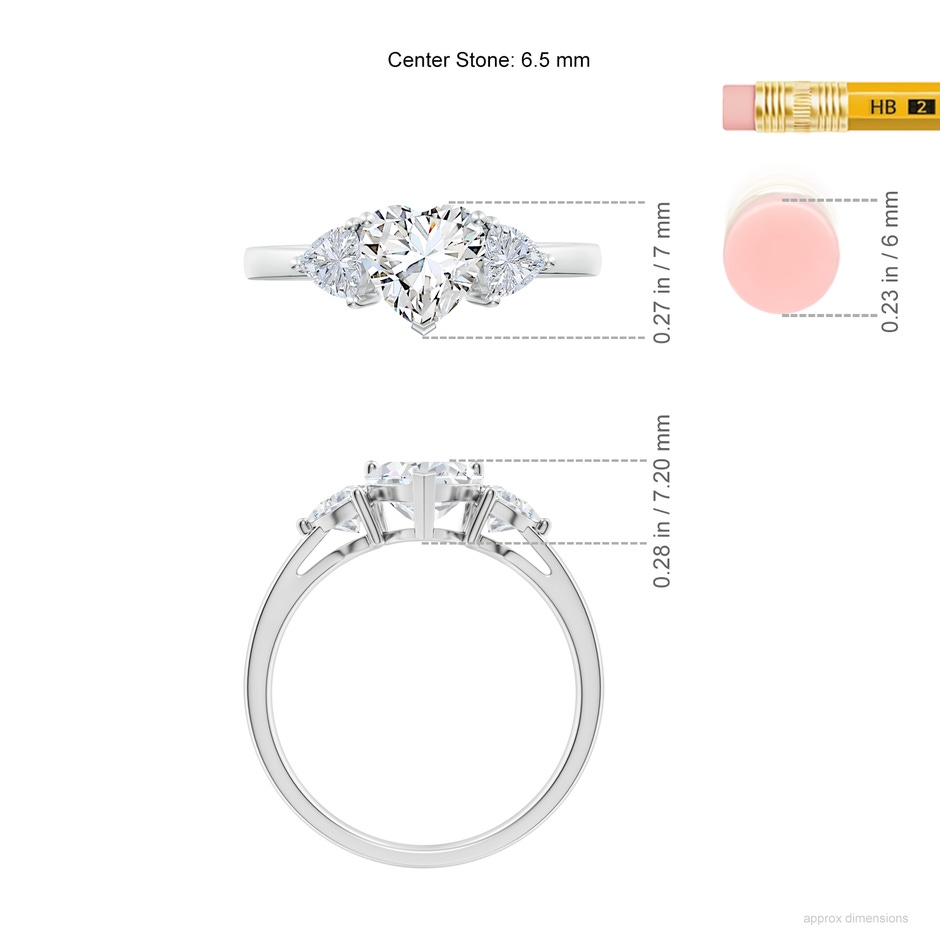 6.5mm FGVS Lab-Grown Heart-Shaped and Trillion Diamond Three Stone Reverse Tapered Shank Engagement Ring in White Gold ruler