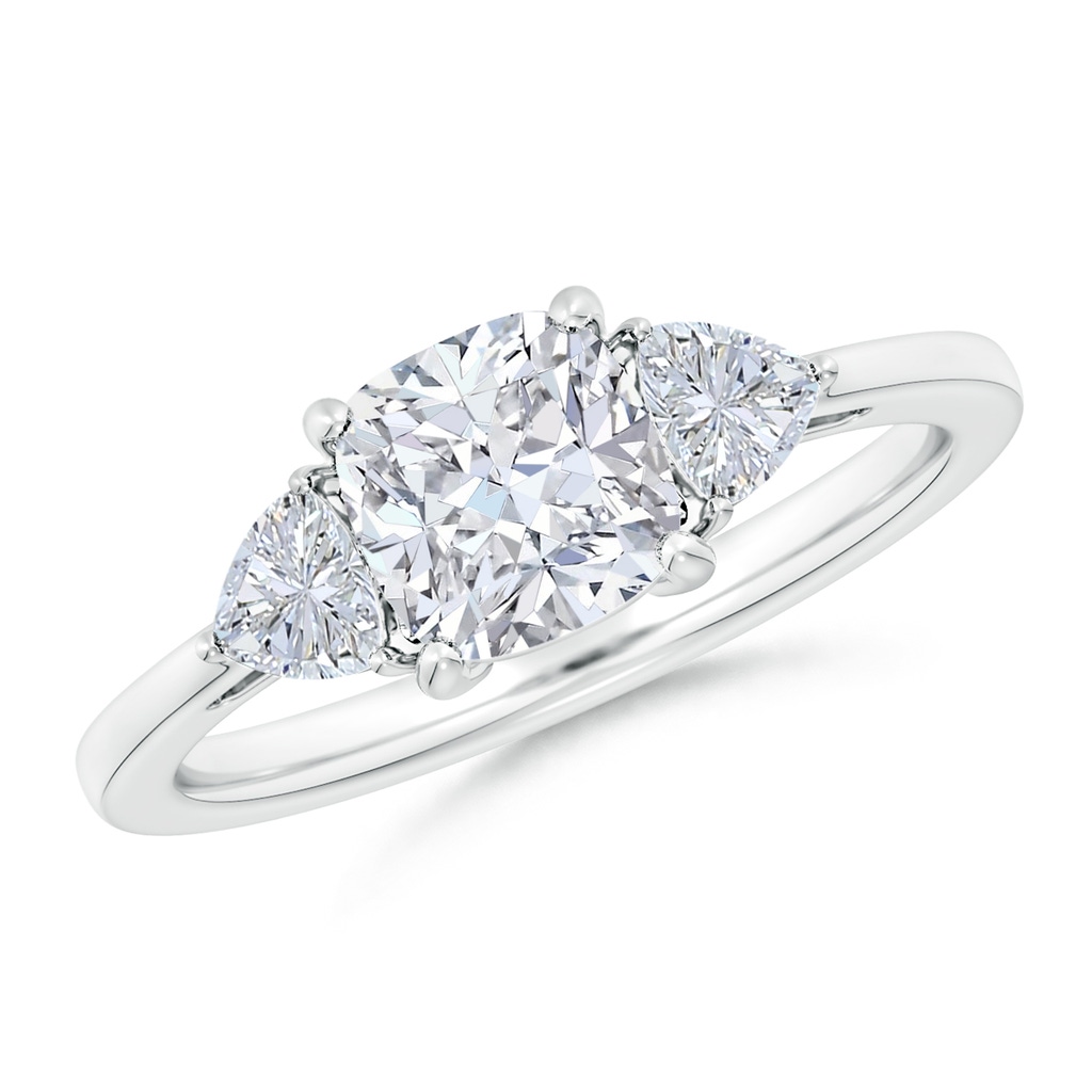 6.5mm FGVS Lab-Grown Cushion and Trillion Diamond Three Stone Reverse Tapered Shank Engagement Ring in White Gold