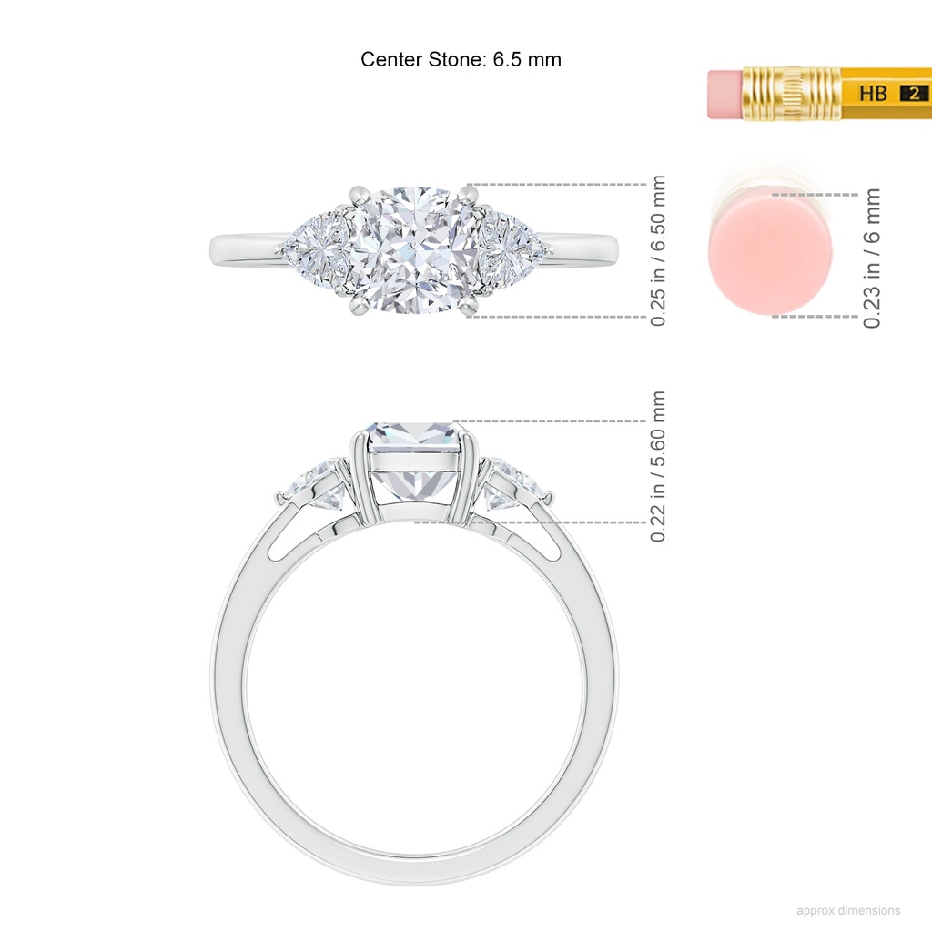 6.5mm FGVS Lab-Grown Cushion and Trillion Diamond Three Stone Reverse Tapered Shank Engagement Ring in White Gold ruler
