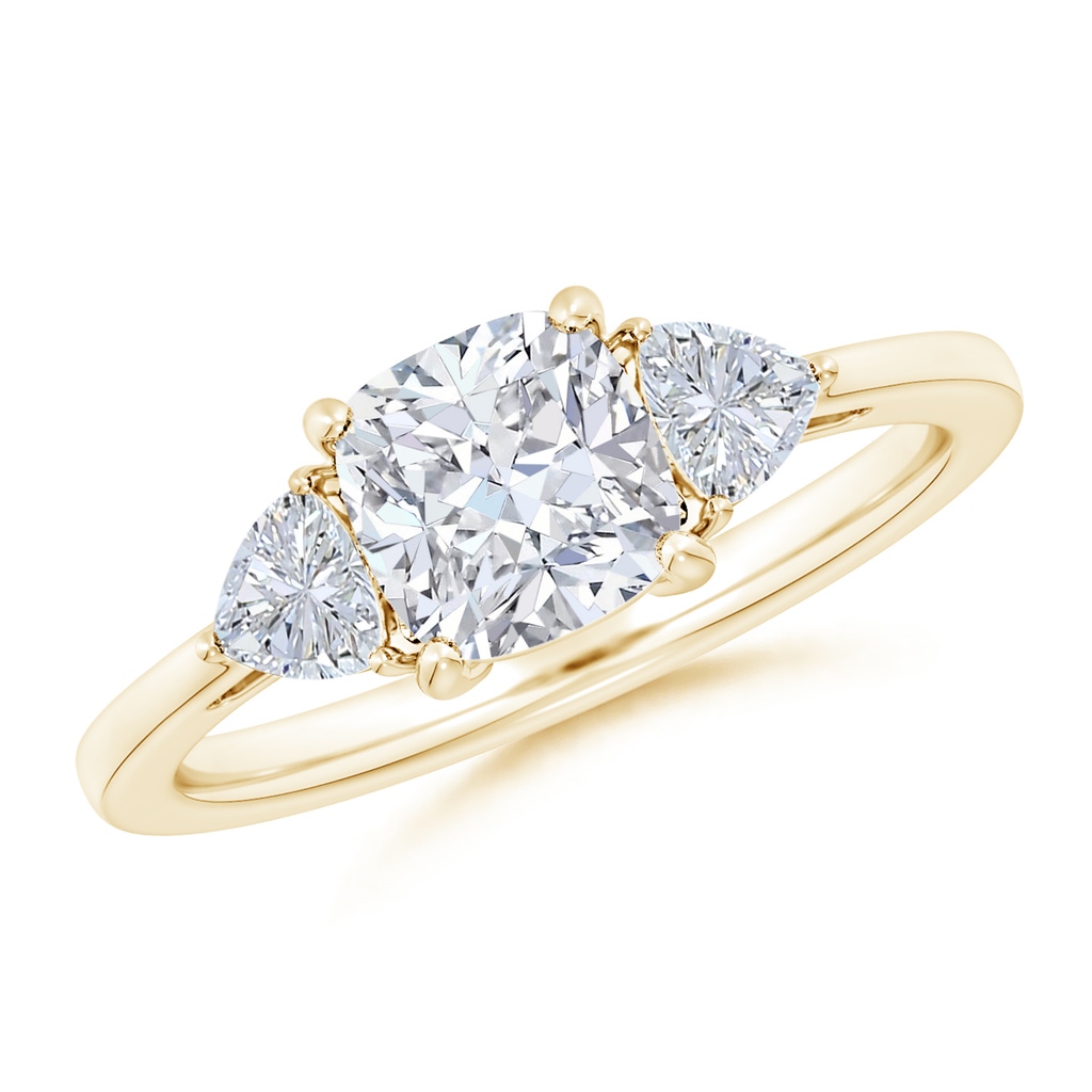 6.5mm FGVS Lab-Grown Cushion and Trillion Diamond Three Stone Reverse Tapered Shank Engagement Ring in Yellow Gold