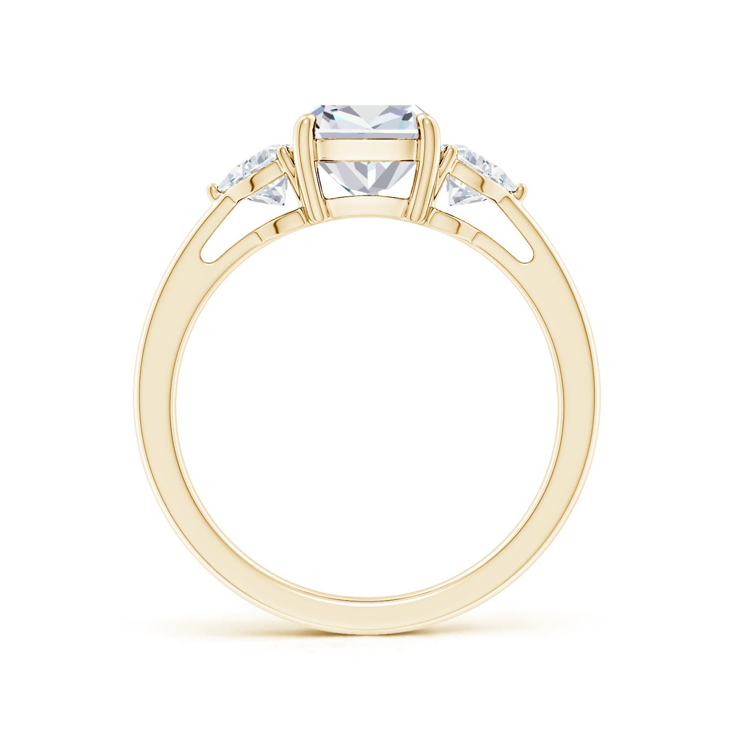 6.5mm FGVS Lab-Grown Cushion and Trillion Diamond Three Stone Reverse Tapered Shank Engagement Ring in Yellow Gold - side 3