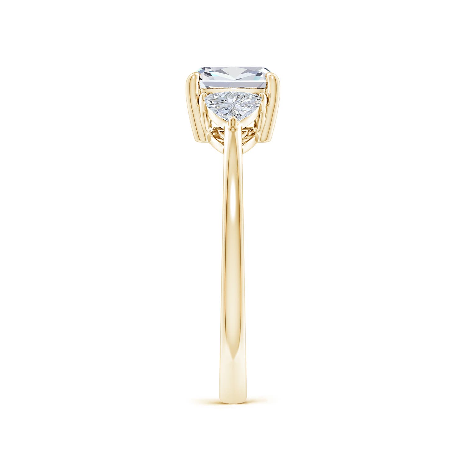 6.5mm FGVS Lab-Grown Cushion and Trillion Diamond Three Stone Reverse Tapered Shank Engagement Ring in Yellow Gold - side 4
