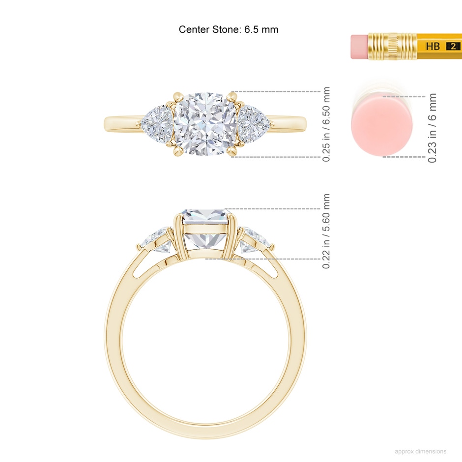 6.5mm FGVS Lab-Grown Cushion and Trillion Diamond Three Stone Reverse Tapered Shank Engagement Ring in Yellow Gold ruler