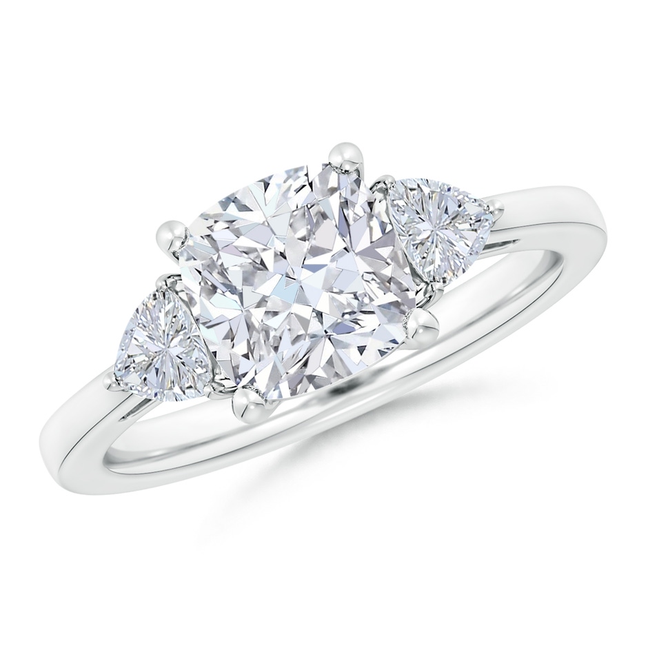 7.5mm FGVS Lab-Grown Cushion and Trillion Diamond Three Stone Reverse Tapered Shank Engagement Ring in White Gold 