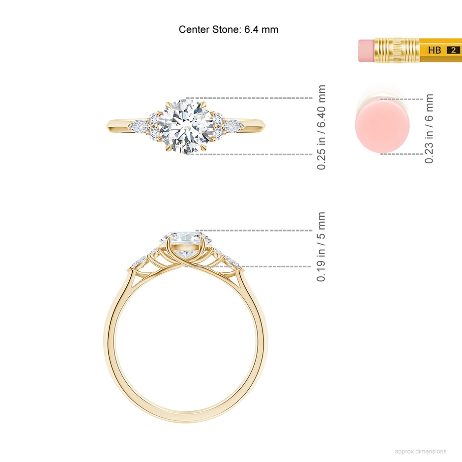 6.4mm FGVS Lab-Grown Round Diamond Side Stone Engagement Ring with Diamonds in Yellow Gold ruler