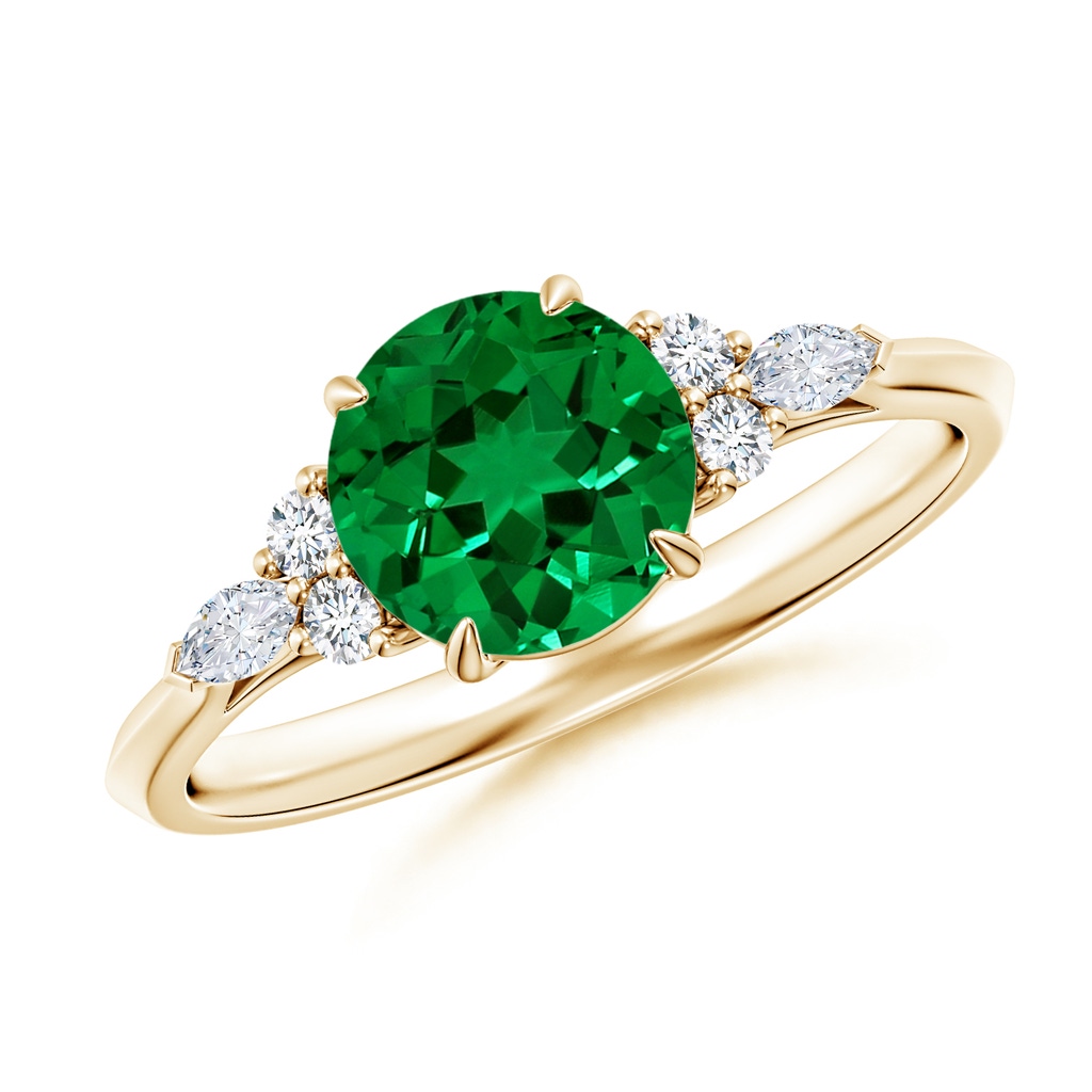 7mm Labgrown Lab-Grown Round Emerald Side Stone Engagement Ring with Diamonds in Yellow Gold