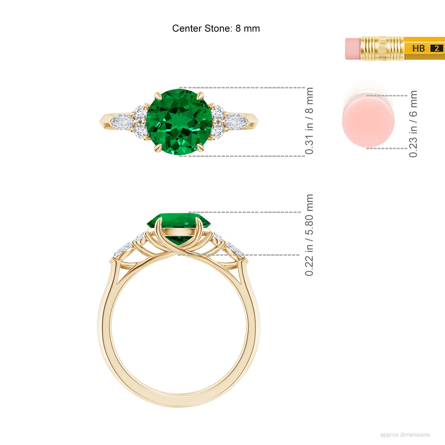 8mm Labgrown Lab-Grown Round Emerald Side Stone Engagement Ring with Diamonds in 18CT Yellow Gold - ruler