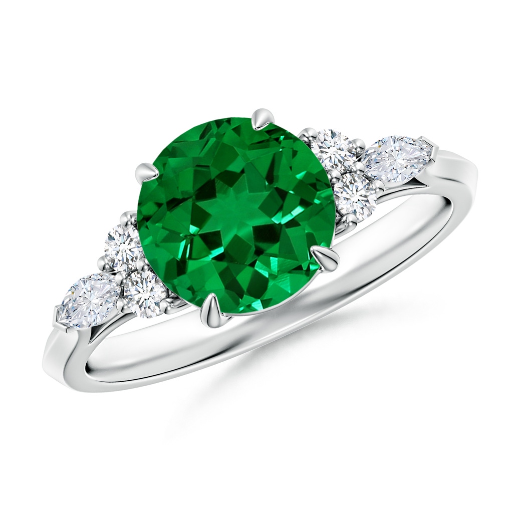 8mm Labgrown Lab-Grown Round Emerald Side Stone Engagement Ring with Diamonds in White Gold