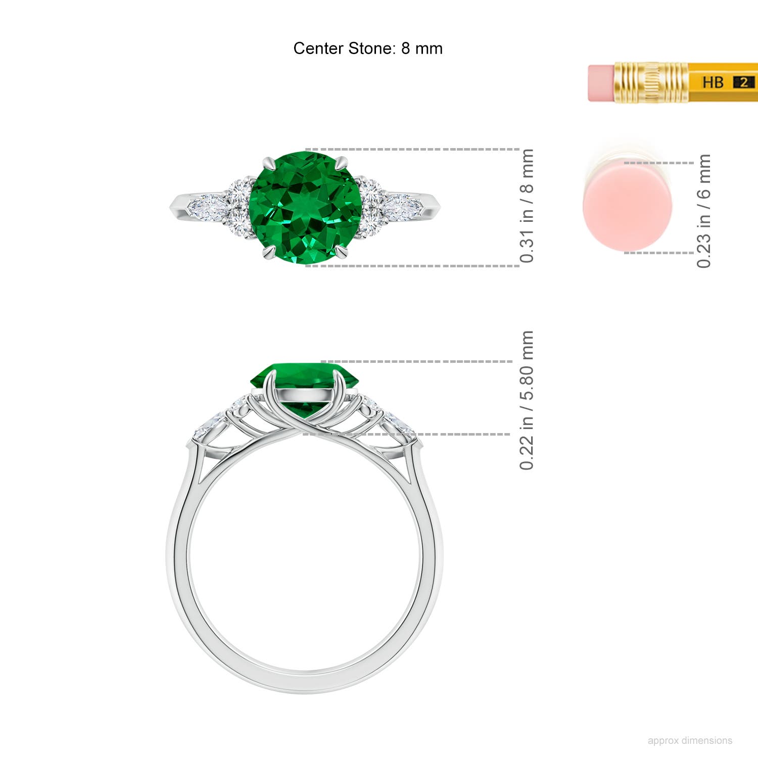 8mm Labgrown Lab-Grown Round Emerald Side Stone Engagement Ring with Diamonds in White Gold - ruler