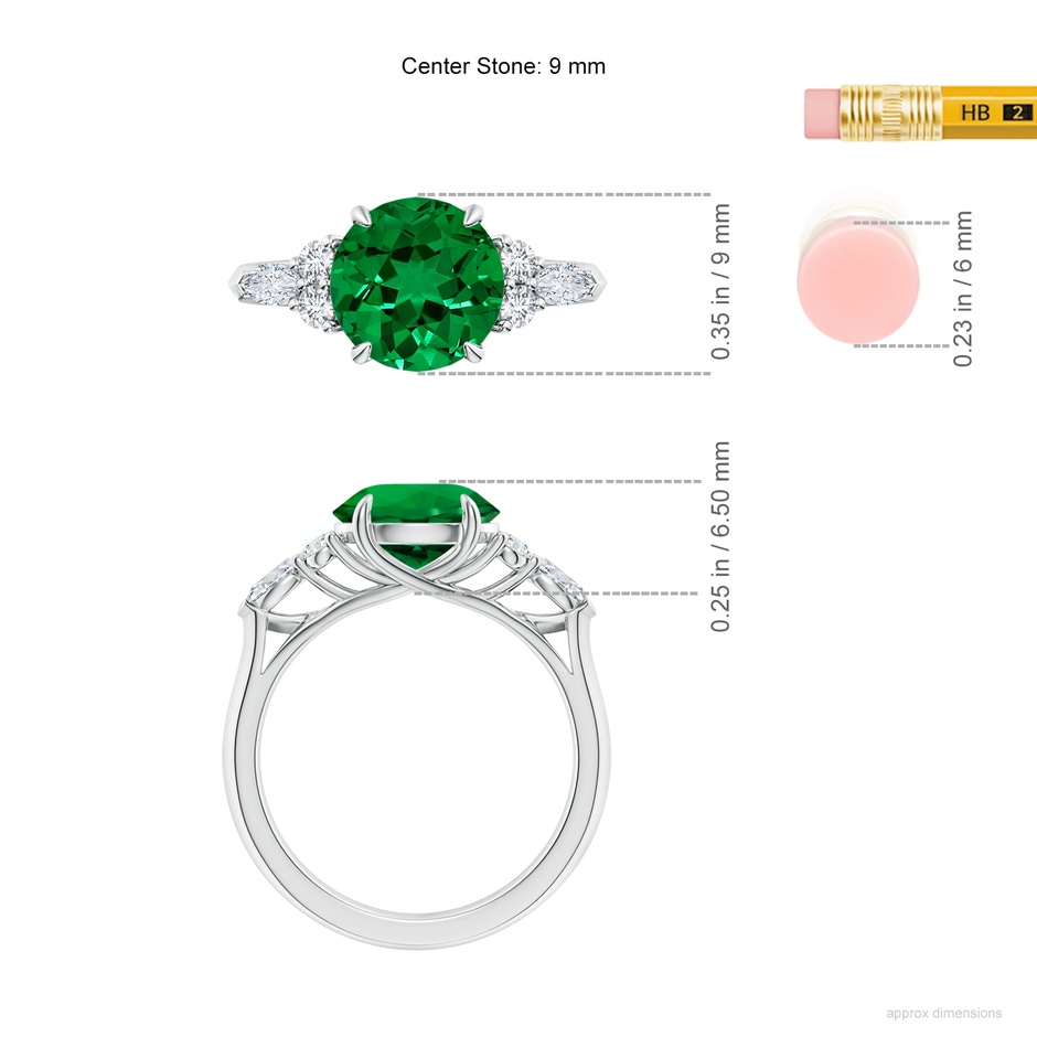 9mm Labgrown Lab-Grown Round Emerald Side Stone Engagement Ring with Diamonds in 18K White Gold ruler