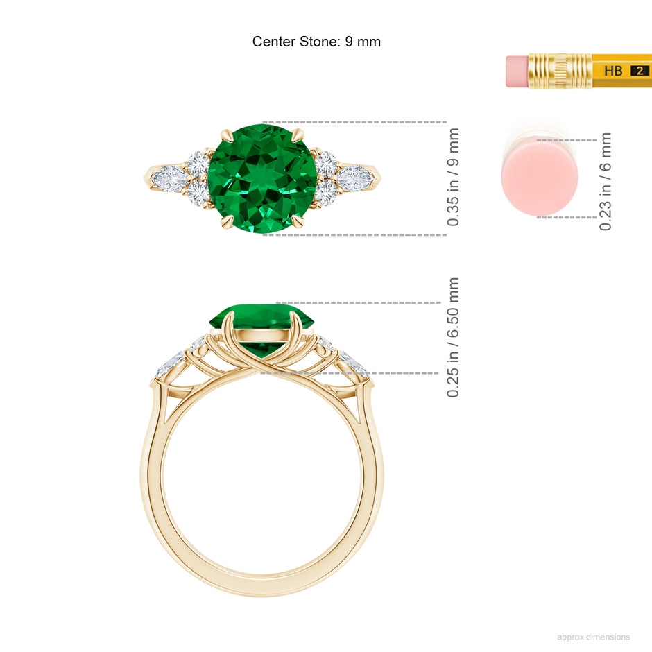 9mm Labgrown Lab-Grown Round Emerald Side Stone Engagement Ring with Diamonds in Yellow Gold ruler