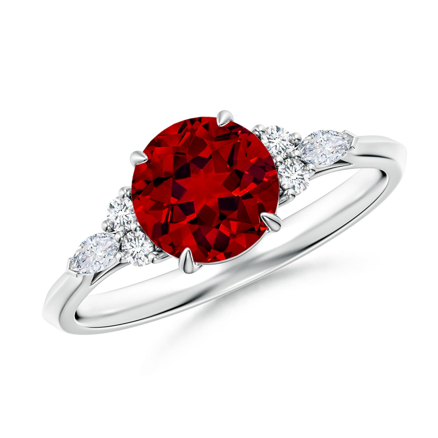 7mm Labgrown Lab-Grown Round Ruby Side Stone Engagement Ring with Diamonds in 18K White Gold
