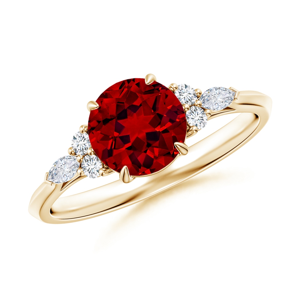 7mm Labgrown Lab-Grown Round Ruby Side Stone Engagement Ring with Diamonds in Yellow Gold