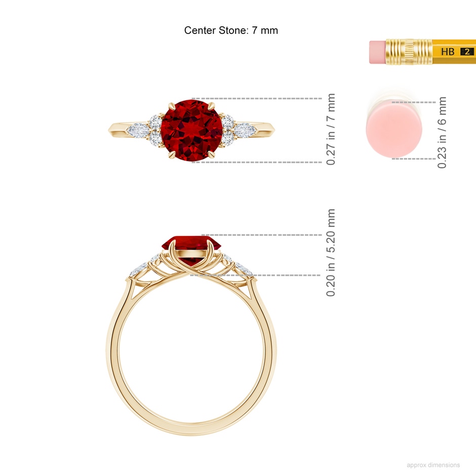 7mm Labgrown Lab-Grown Round Ruby Side Stone Engagement Ring with Diamonds in Yellow Gold ruler