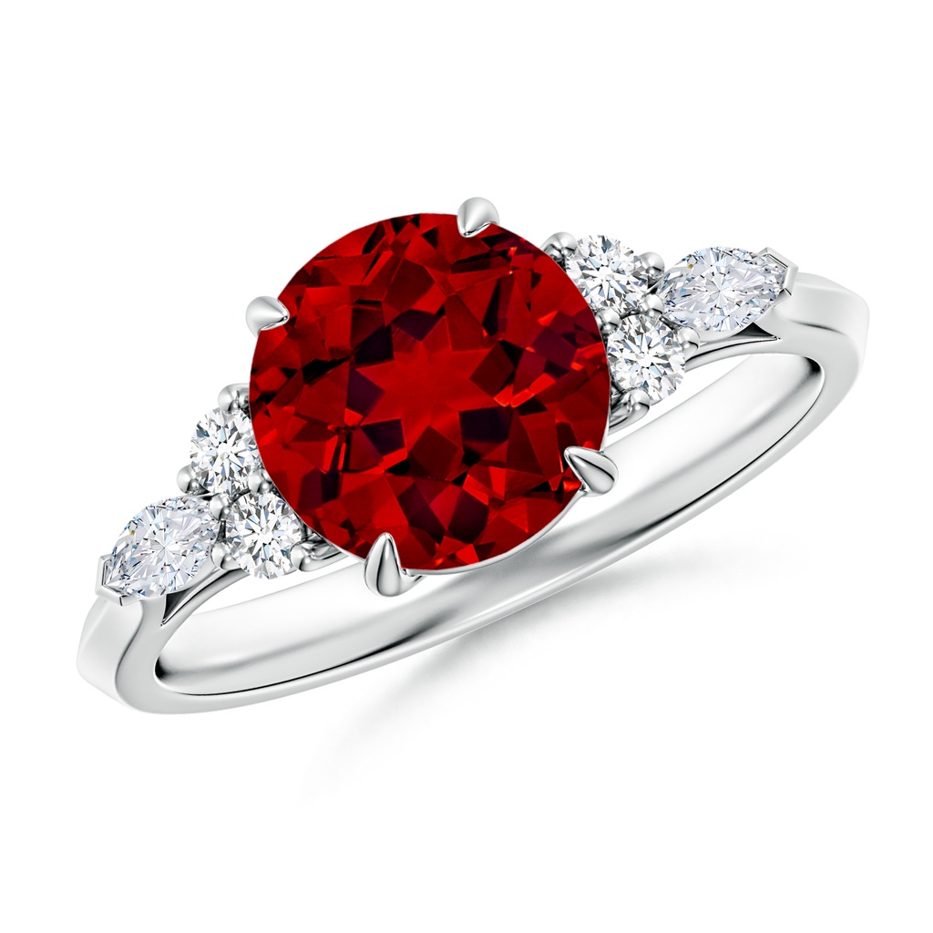 8mm Labgrown Lab-Grown Round Ruby Side Stone Engagement Ring with Diamonds in 18K White Gold