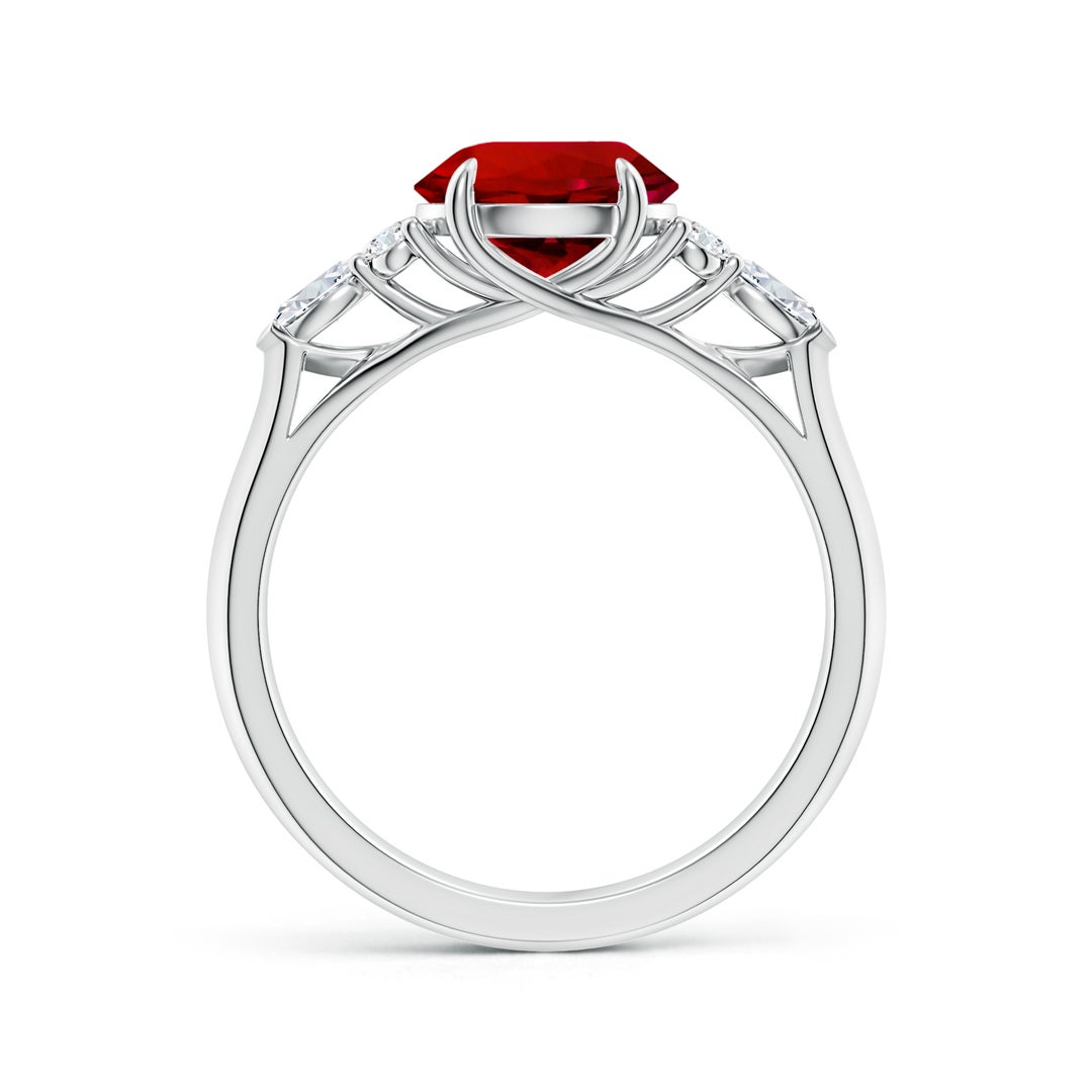 8mm Labgrown Lab-Grown Round Ruby Side Stone Engagement Ring with Diamonds in 18K White Gold - side 2