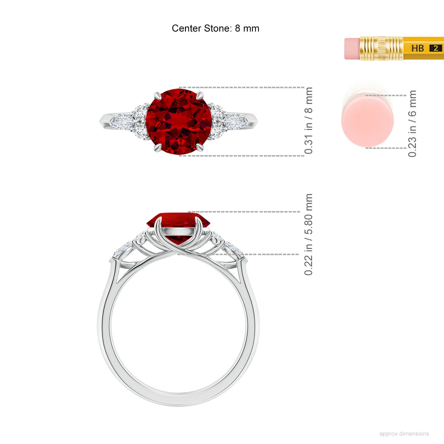 8mm Labgrown Lab-Grown Round Ruby Side Stone Engagement Ring with Diamonds in 18K White Gold - ruler