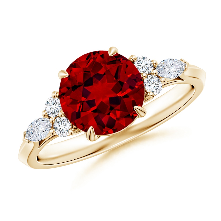 8mm Labgrown Lab-Grown Round Ruby Side Stone Engagement Ring with Diamonds in 18K Yellow Gold 