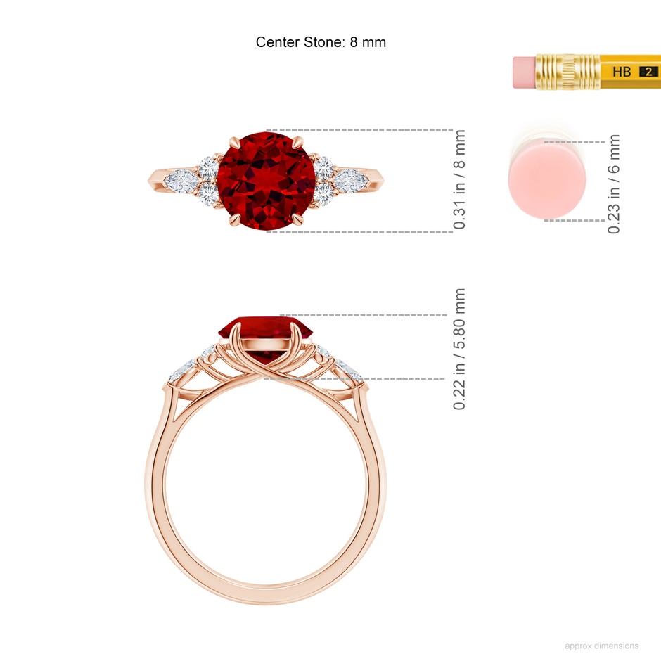 8mm Labgrown Lab-Grown Round Ruby Side Stone Engagement Ring with Diamonds in Rose Gold ruler