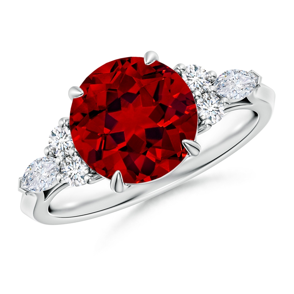 9mm Labgrown Lab-Grown Round Ruby Side Stone Engagement Ring with Diamonds in 18K White Gold 