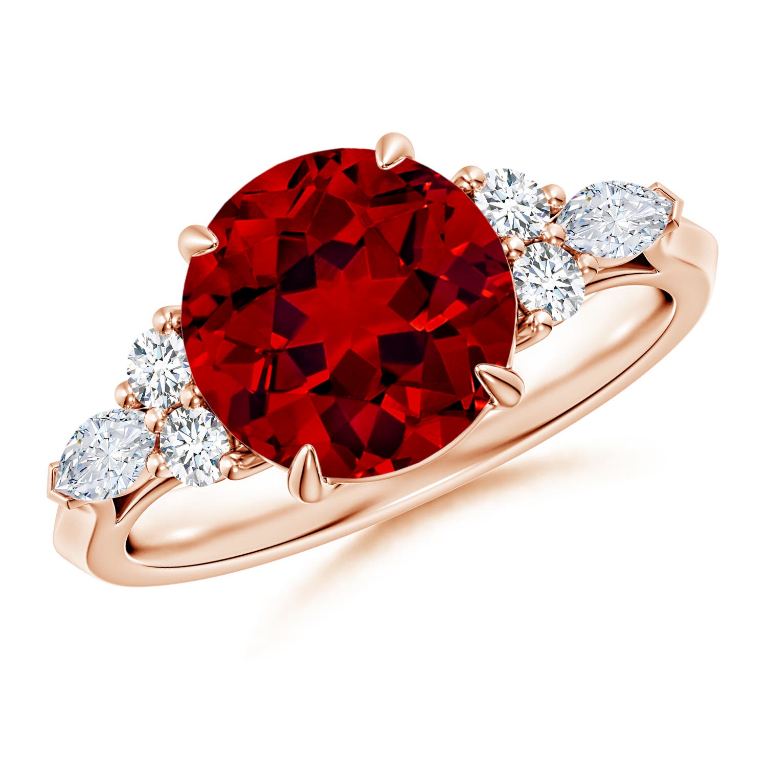 9mm Labgrown Lab-Grown Round Ruby Side Stone Engagement Ring with Diamonds in Rose Gold
